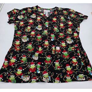 Peaches Uniforms Christmas Frog Scrub Top V-Neck Short Sleeve Black Size XL